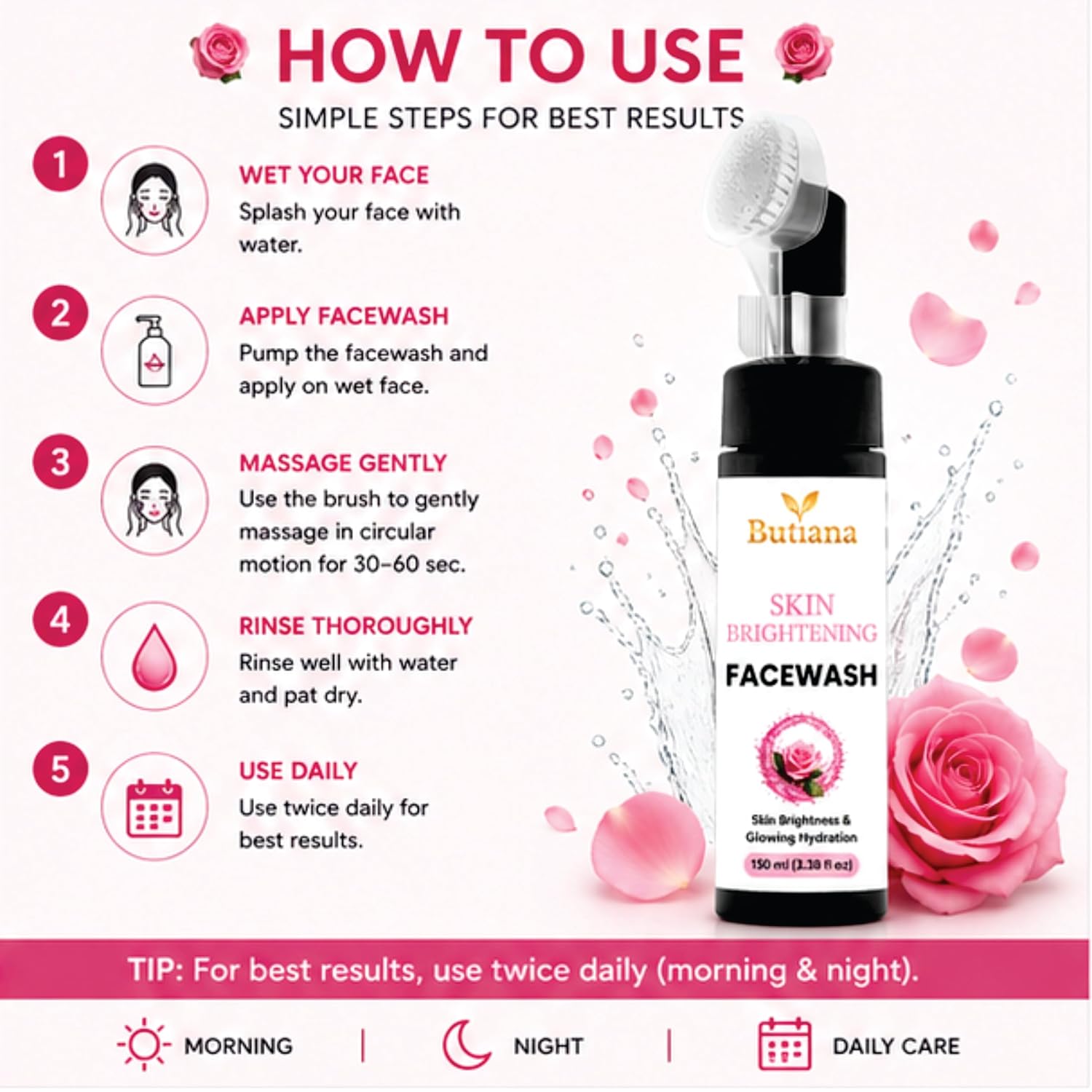 Butiana Skin Brightening Face Wash 150ml – Gentle Daily Cleanser for Glowing Skin, Hydrating & Refreshing Face Cleanser, Improves Skin Radiance & Texture for Men & Women