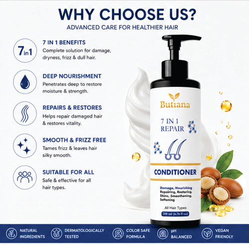 Butiana 7 in 1 Repair Hair Conditioner 200ml – Damage Repair, Nourishing, Smoothening & Shine Boosting Conditioner for Dry, Frizzy & Damaged Hair, All Hair Types Men & Women