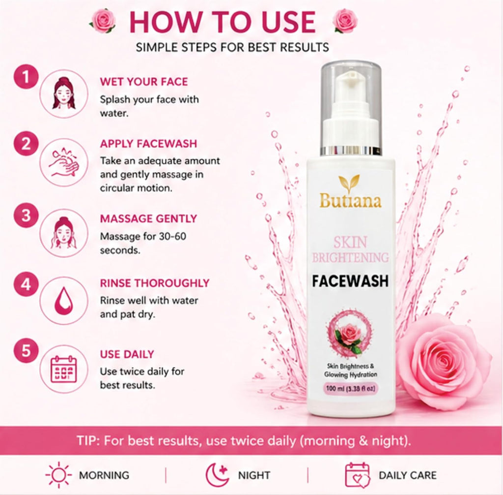 Butiana Skin Brightening Face Wash 100ml – Gentle Daily Cleanser for Glowing Skin, Hydrating & Refreshing Face Cleanser, Improves Skin Radiance & Texture for Men & Women