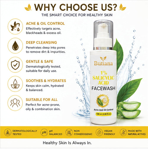 Butiana 1% Salicylic Acid Face Wash 100ml – Acne Control Cleanser with Tea Tree, Niacinamide & Aloe Vera, Oil Control, Pore Cleansing, Gentle Daily Face Cleanser for Clear Skin