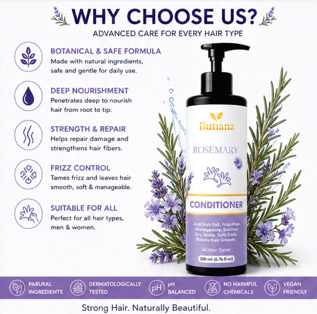 Butiana Rosemary Hair Conditioner 200ml – Nourishing & Smoothening Care, Frizz Control, Scalp Soothing, Shine Boosting Conditioner for Dry, Damaged Hair, All Hair Types Men & Women